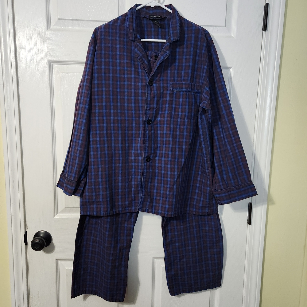 Vintage Bill Blass Men's Plaid Pajama Set - Blue and Burgundy, L